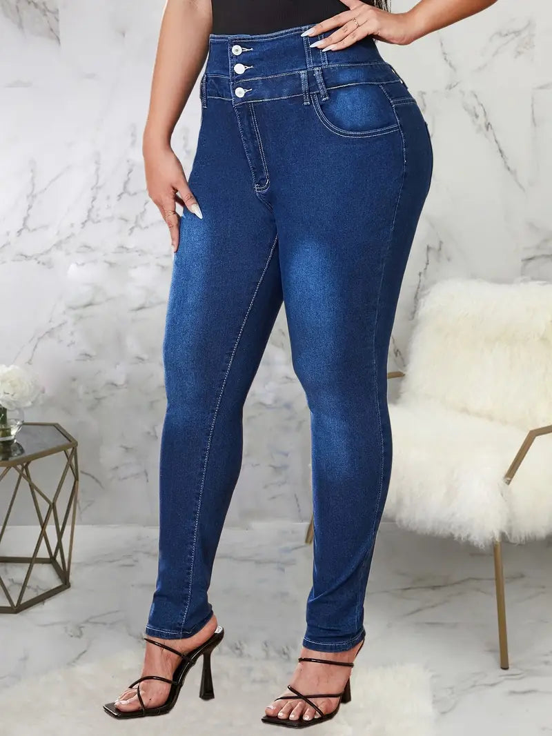 Button-Up Skinny Jeans in Plus Size-Black-L-State of Style
