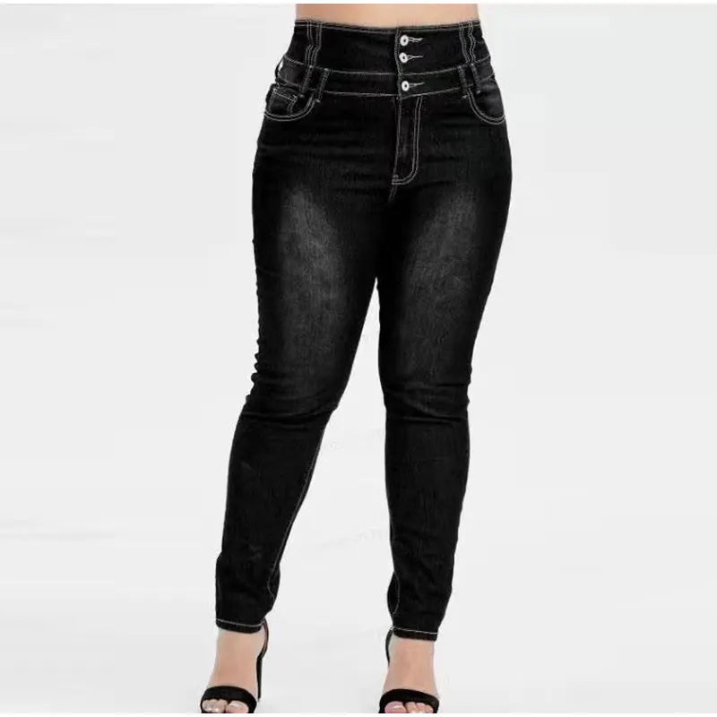 Button-Up Skinny Jeans in Plus Size-Black-L-State of Style