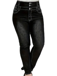 Button-Up Skinny Jeans in Plus Size-Black-L-State of Style