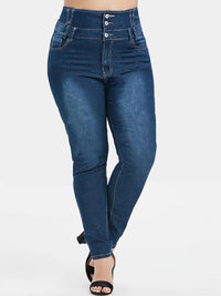 Button-Up Skinny Jeans in Plus Size-Dark Blue-L-State of Style