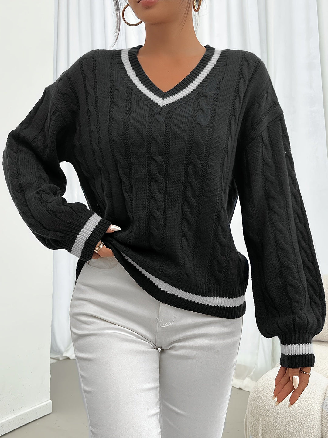 Cable Knit Sweater with Delicate Details - Aurora-Blue-S-State of Style
