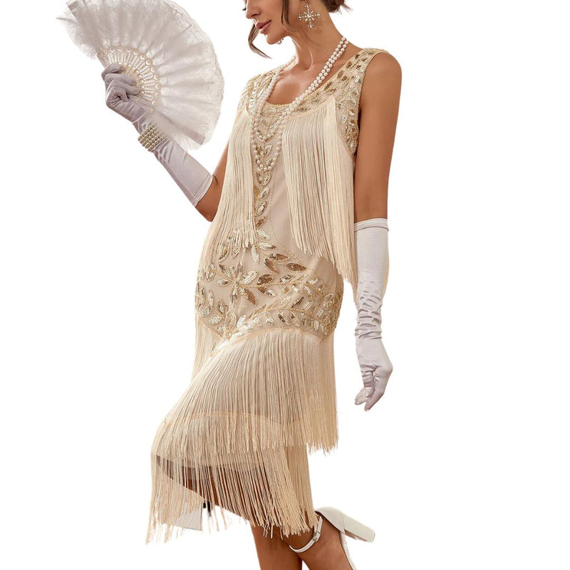 Camilla Gatsby Sequin and Fringe Dress-Champagne-S-State of Style