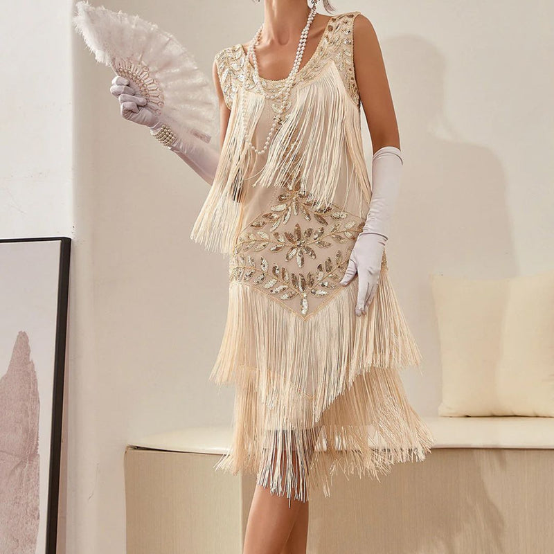 Camilla Gatsby Sequin and Fringe Dress-Champagne-S-State of Style