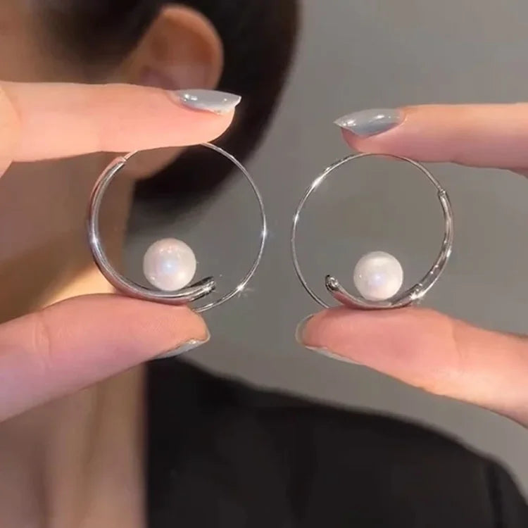 Camille Large Pearl Circle Earrings-Silver-State of Style