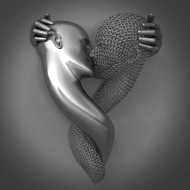 Canvas Art with Metal Figure - AmorArte-30 x 40 cm-Silver Grey (No frame)-Kiss of Love-State of Style