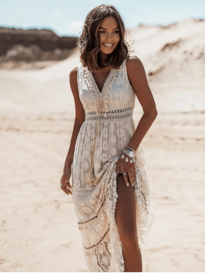 Casual Boho maxi dress with stylish details – Solange-Beige-S-State of Style