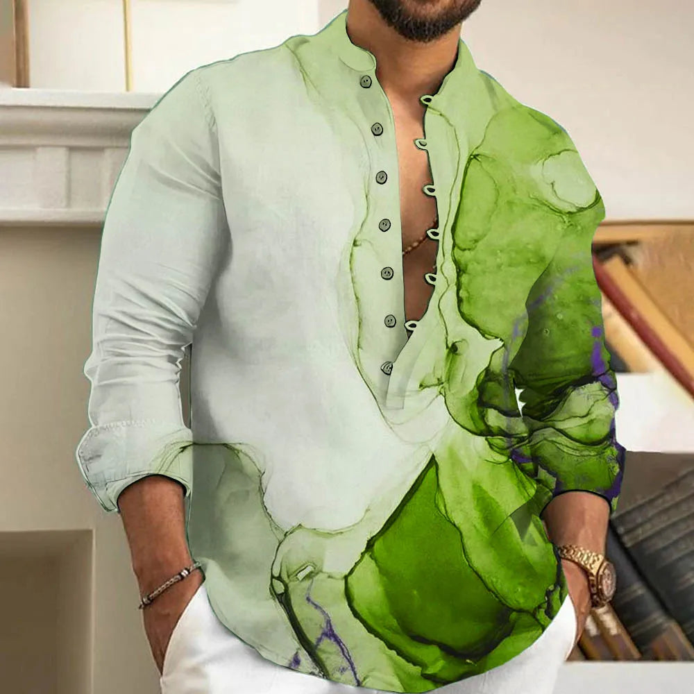 Casual Loose-Fit Printed Long Sleeve Shirt for Men in Plus Size-Dark Green-2XL-State of Style