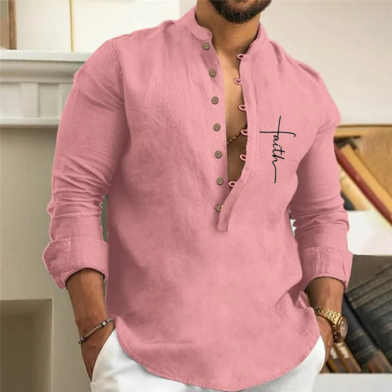 Casual Loose-Fit Printed Long Sleeve Shirt for Men in Plus Size-Pink-2XL-State of Style