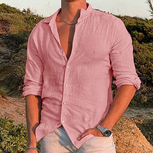 Casual men's linen shirt with long sleeves – Milan-Pink-S-State of Style