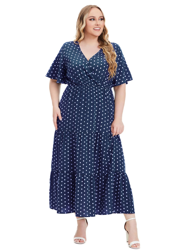 Casual Plus Size V-Neck Short Sleeve Dress-Blue-2XL-State of Style