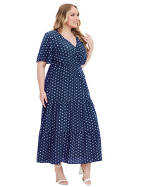 Casual Plus Size V-Neck Short Sleeve Dress-Blue-2XL-State of Style