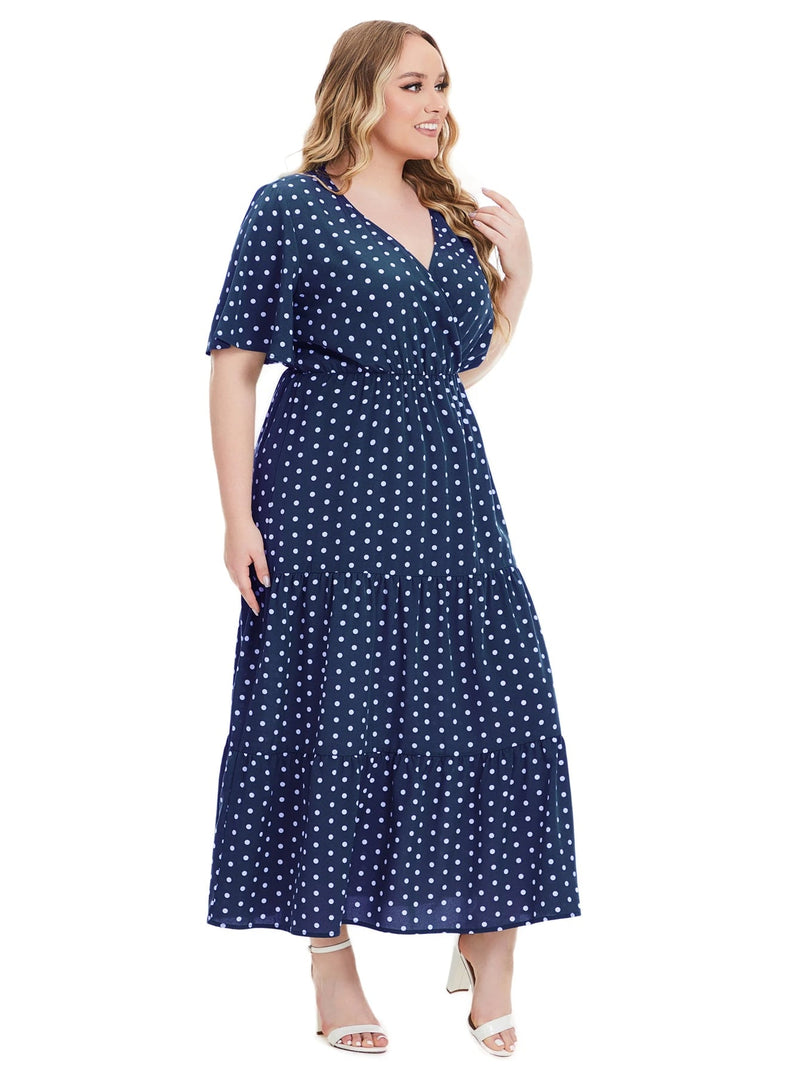 Casual Plus Size V-Neck Short Sleeve Dress-Blue-2XL-State of Style