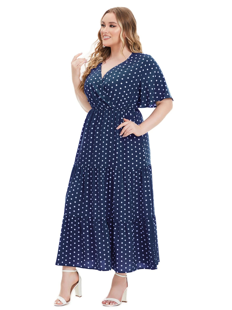 Casual Plus Size V-Neck Short Sleeve Dress-Blue-2XL-State of Style