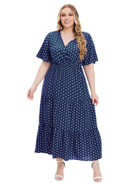 Casual Plus Size V-Neck Short Sleeve Dress-Blue-2XL-State of Style