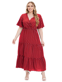Casual Plus Size V-Neck Short Sleeve Dress-Red-2XL-State of Style