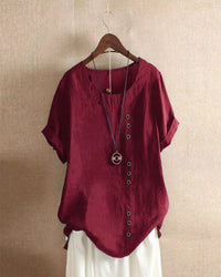 Casual Short Sleeve Blouse with Round Neck - Nora-Burgundy-S-State of Style