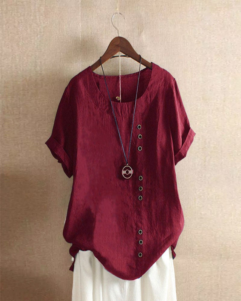 Casual Short Sleeve Blouse with Round Neck - Nora-Burgundy-S-State of Style