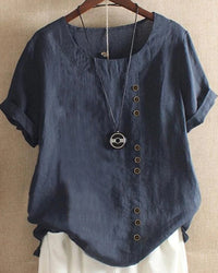 Casual Short Sleeve Blouse with Round Neck - Nora-Dark Blue-S-State of Style