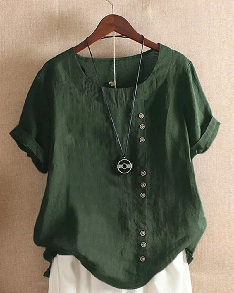 Casual Short Sleeve Blouse with Round Neck - Nora-Green-S-State of Style
