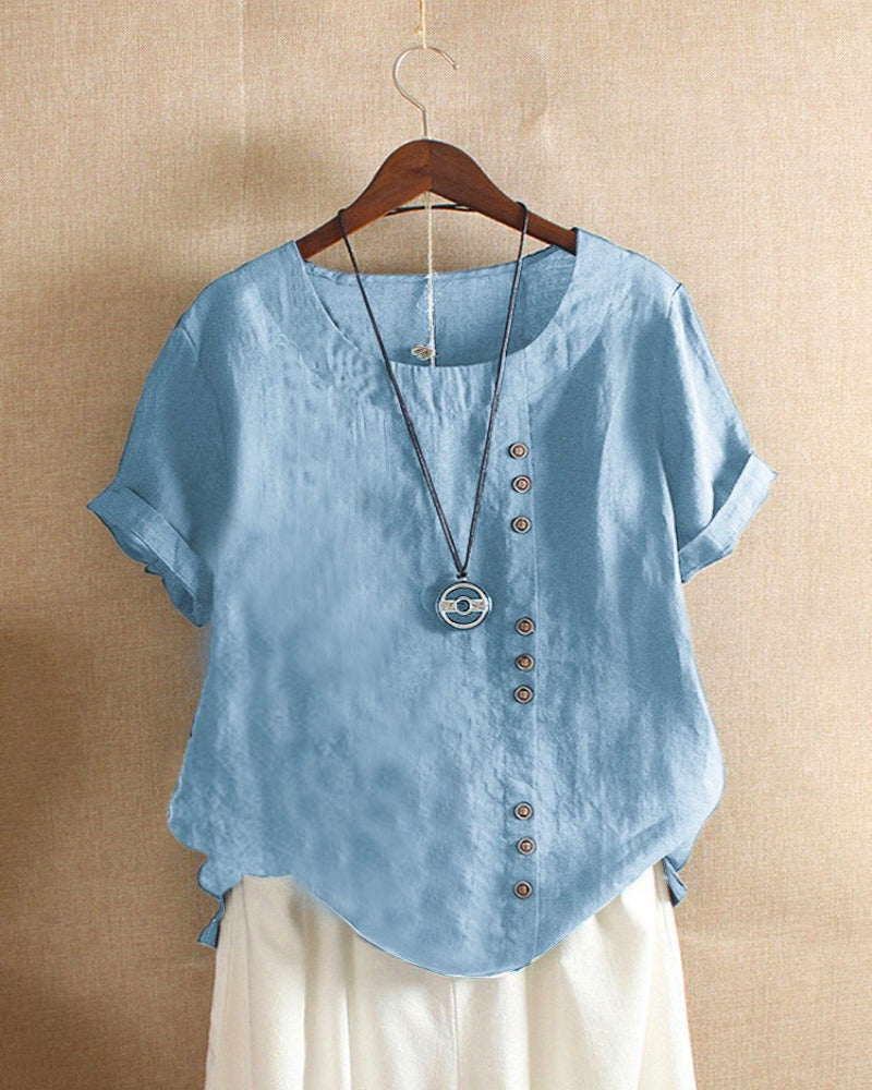 Casual Short Sleeve Blouse with Round Neck - Nora-Light Blue-S-State of Style
