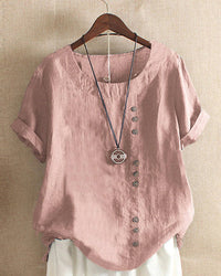 Casual Short Sleeve Blouse with Round Neck - Nora-Pink-S-State of Style