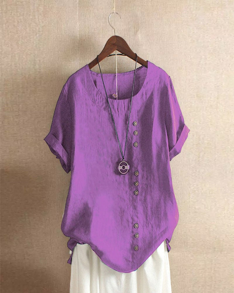 Casual Short Sleeve Blouse with Round Neck - Nora-Purple-S-State of Style