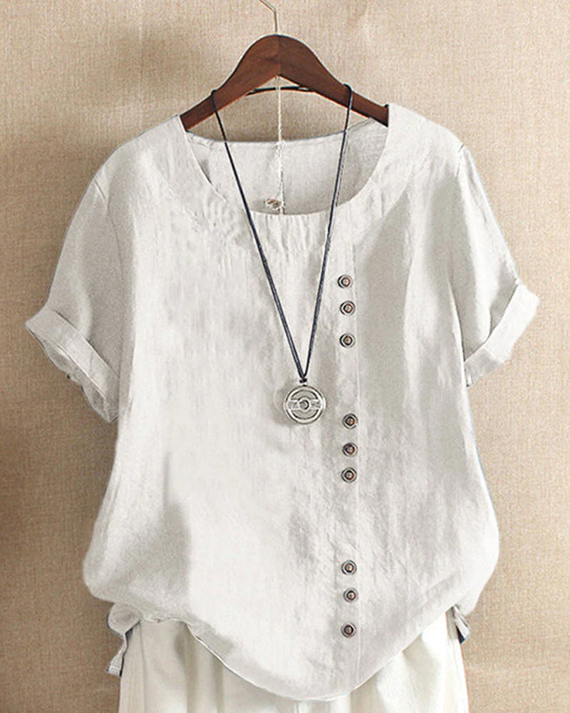Casual Short Sleeve Blouse with Round Neck - Nora-White-S-State of Style