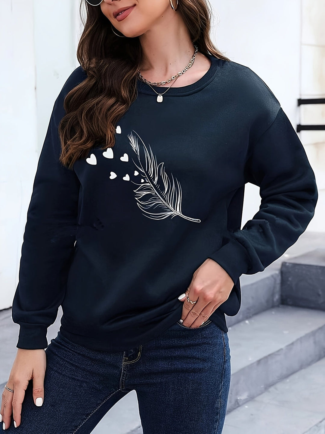Casual Sweatshirt with Feather Print - Marisa-Black-S-State of Style