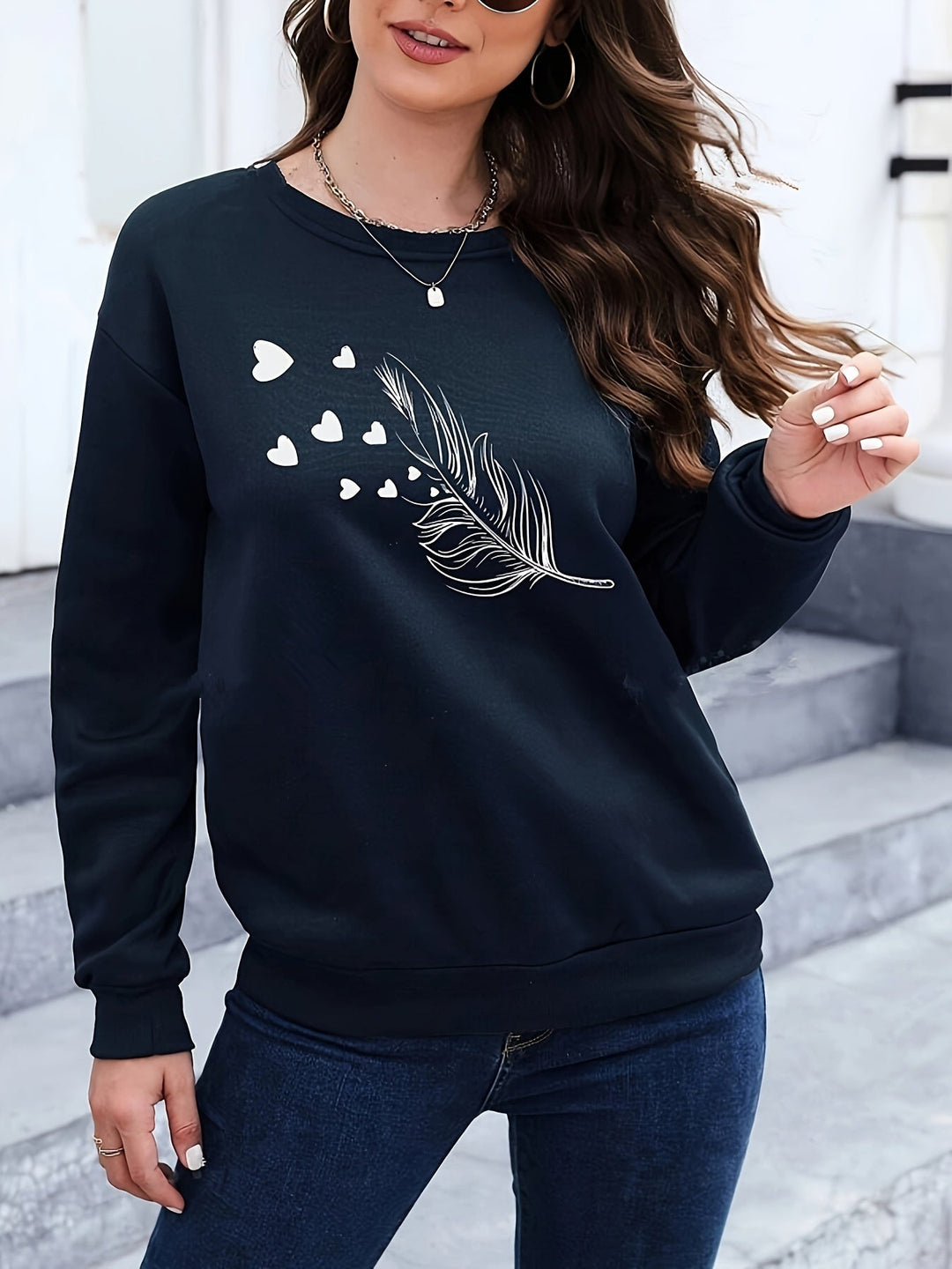 Casual Sweatshirt with Feather Print - Marisa-Dark Green-S-State of Style