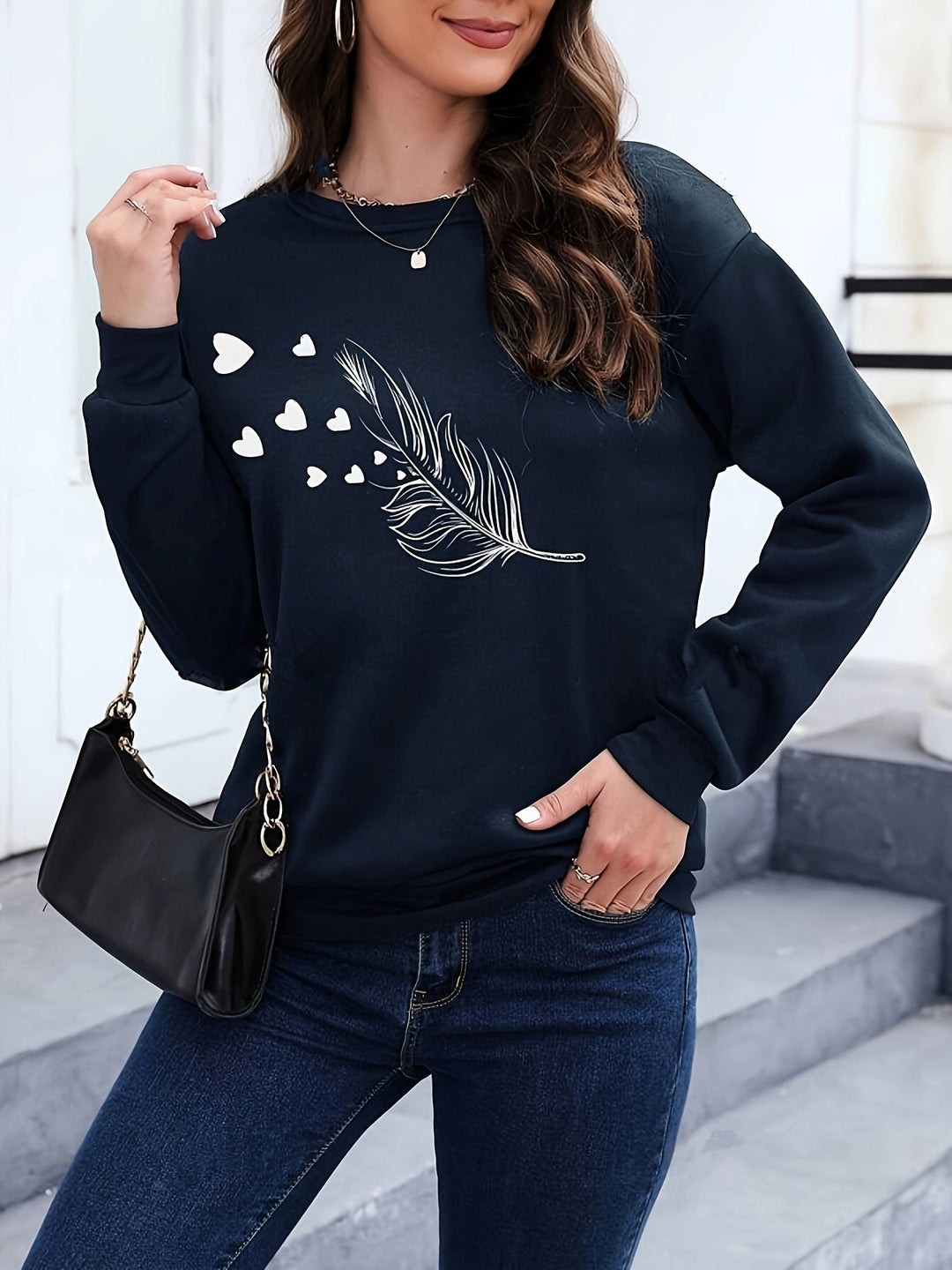 Casual Sweatshirt with Feather Print - Marisa-Dark Green-S-State of Style