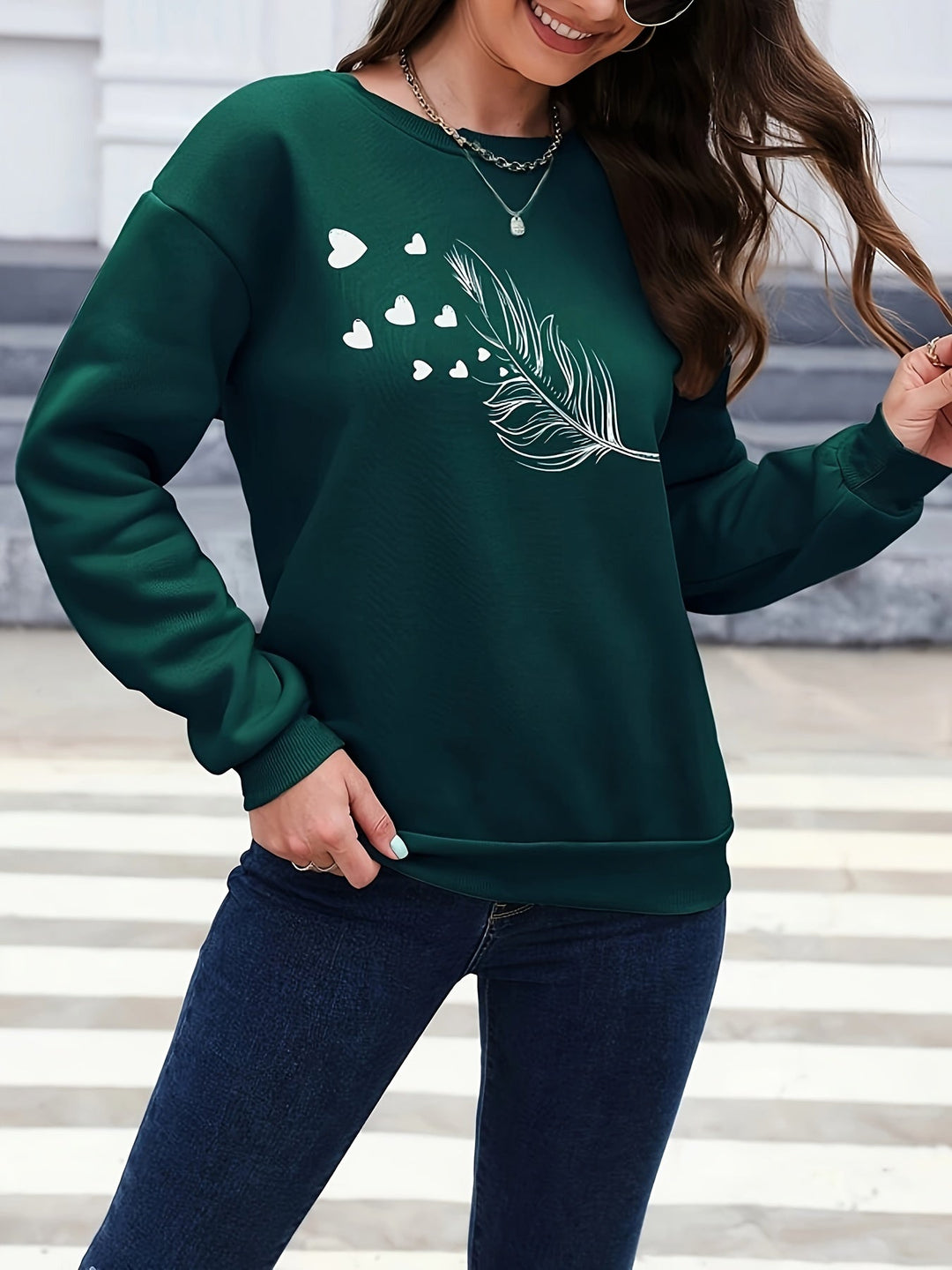 Casual Sweatshirt with Feather Print - Marisa-Dark Green-S-State of Style