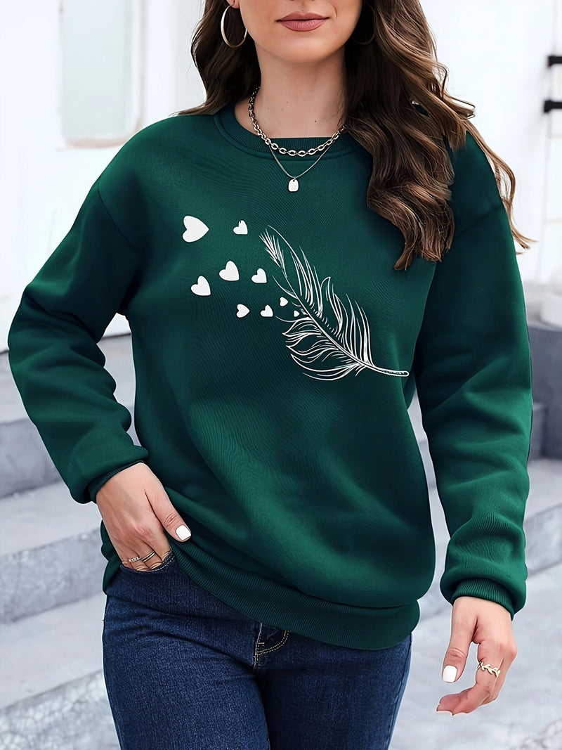Casual Sweatshirt with Feather Print - Marisa-Dark Green-S-State of Style