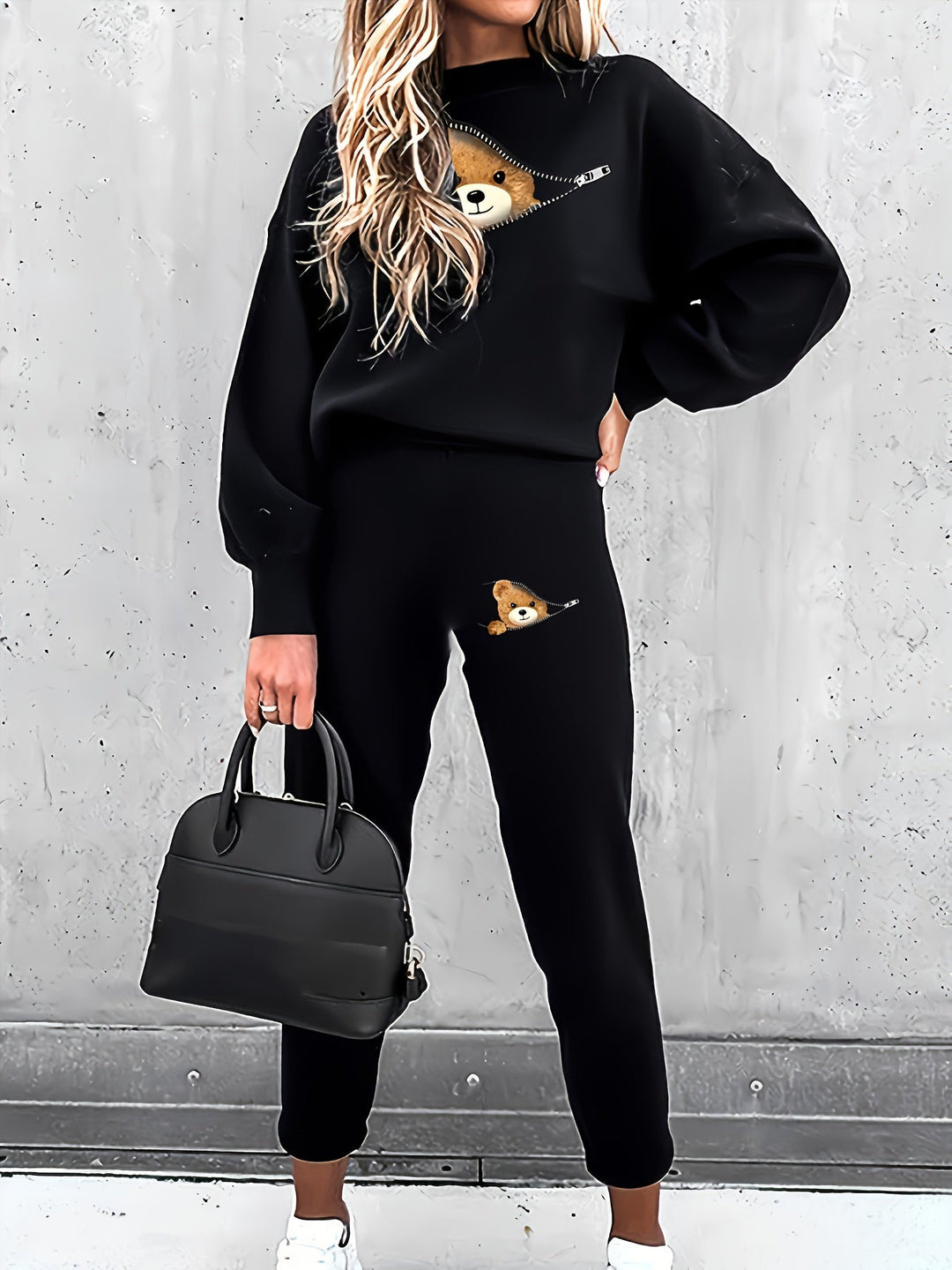 Casual Two-Piece Outfit with Cute Bear Print - Mila-Black-S-State of Style
