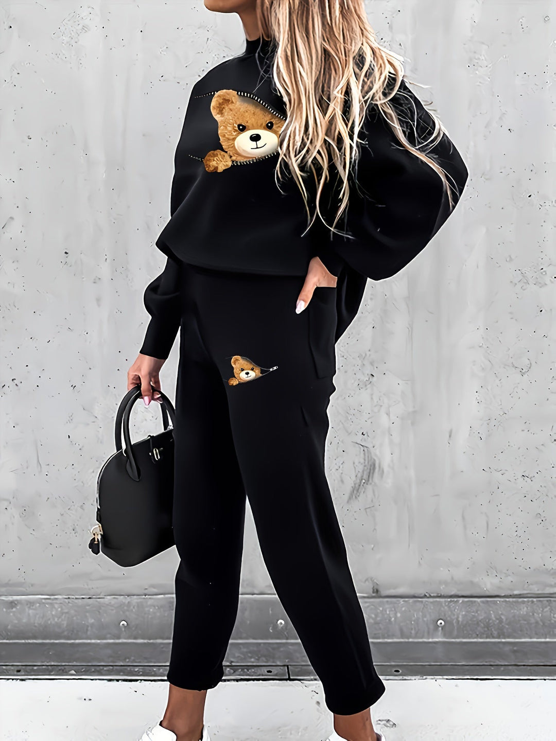 Casual Two-Piece Outfit with Cute Bear Print - Mila-White-S-State of Style