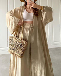 Casual two-piece set for women with vest and trousers – Thalia-Khaki-S-State of Style