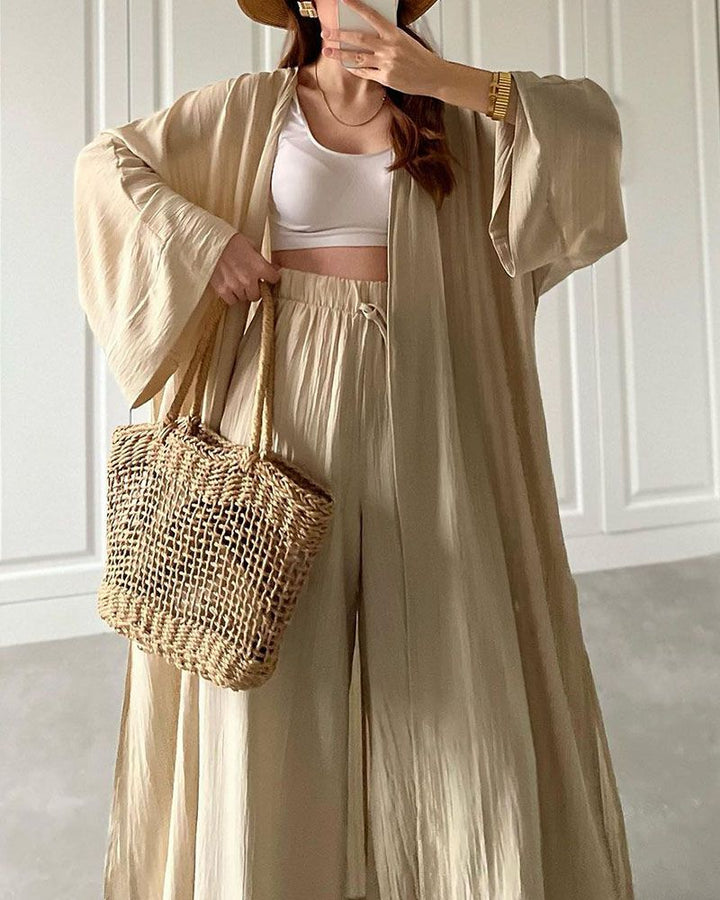 Casual two-piece set for women with vest and trousers – Thalia-Khaki-S-State of Style
