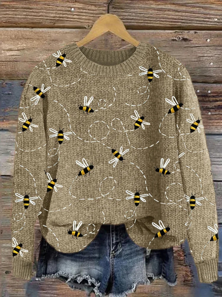 Charming Knitted Sweater with Bee Embroidery - Marlise-Khaki-S-State of Style
