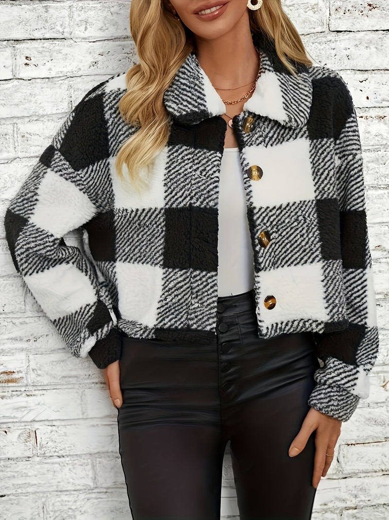 Checkered Teddy Coat with Button Closure – Clara-Black-S-State of Style