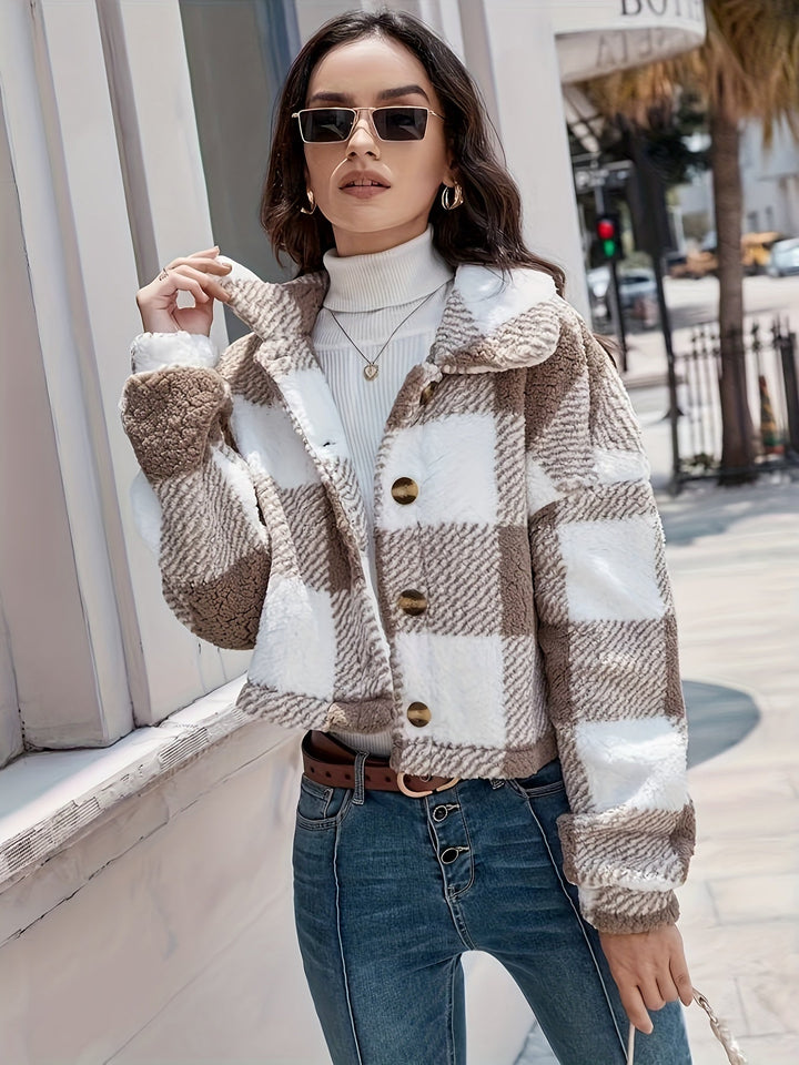 Checkered Teddy Coat with Button Closure – Clara-Brown-S-State of Style