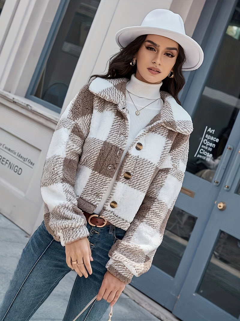 Checkered Teddy Coat with Button Closure – Clara-Brown-S-State of Style