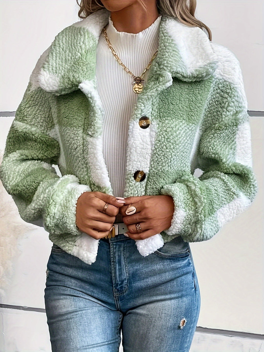 Checkered Teddy Coat with Button Closure – Clara-Brown-S-State of Style