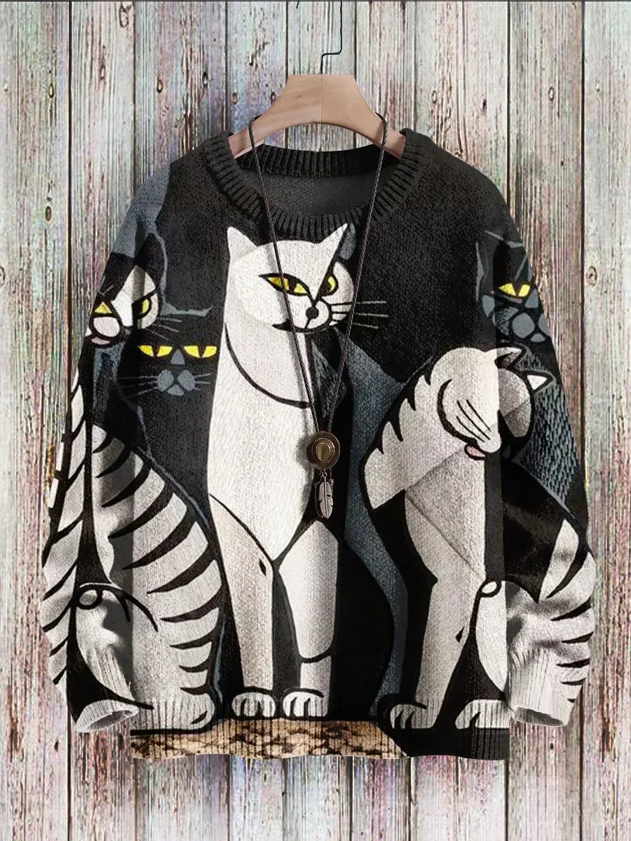 Cheerful Cat Print Sweater for Women – Cleo-Minet-S-State of Style