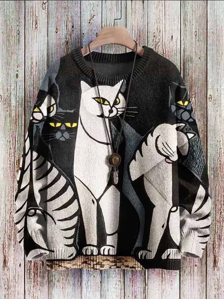 Cheerful Cat Print Sweater for Women – Cleo-Minet-S-State of Style