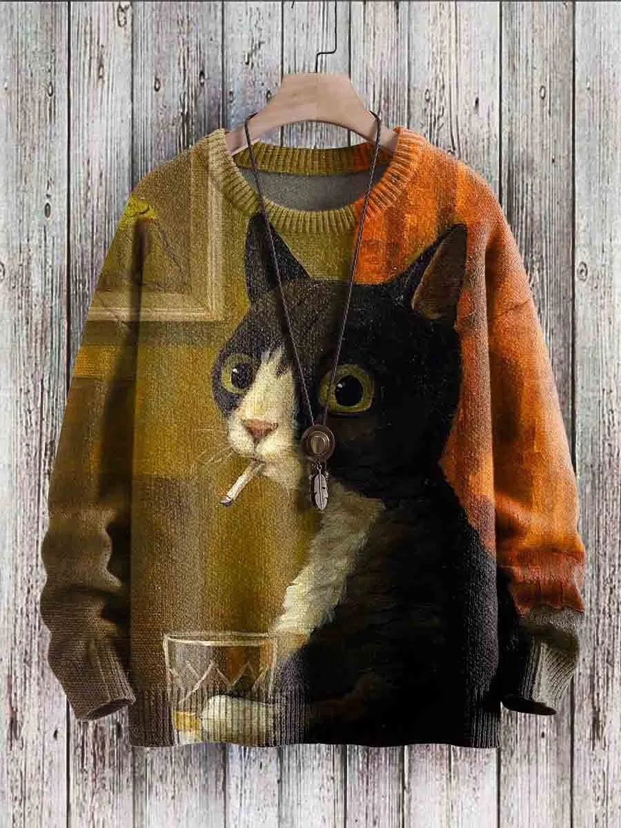 Cheerful Cat Print Sweater for Women – Cleo-Minoes-S-State of Style