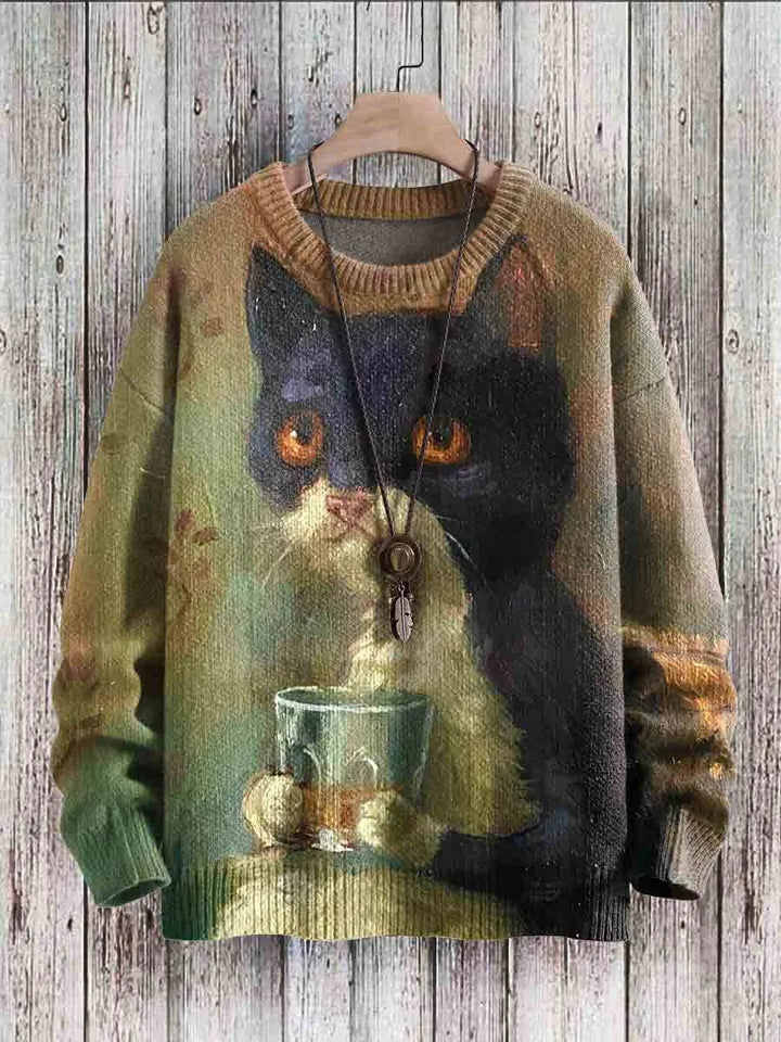 Cheerful Cat Print Sweater for Women – Cleo-Snoes-S-State of Style