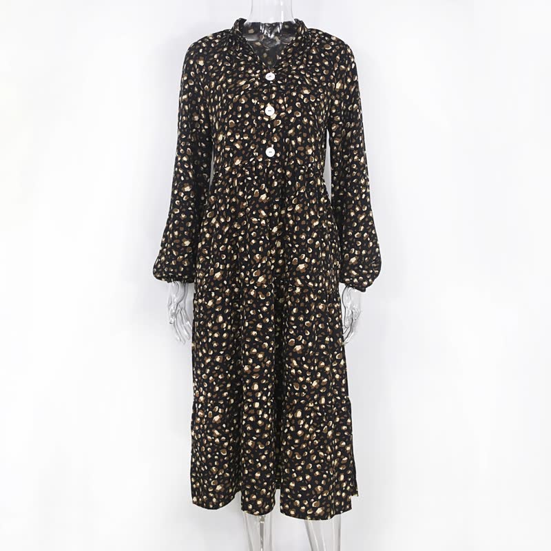 Chic Long-Sleeve Leopard Print Dress-Black-S-State of Style