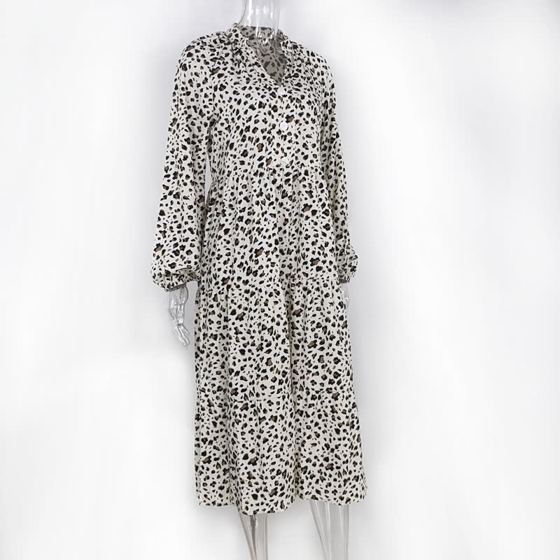 Chic Long-Sleeve Leopard Print Dress-White-S-State of Style