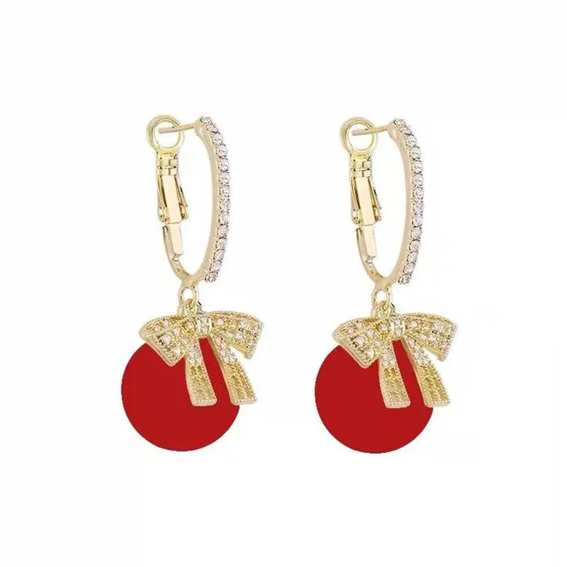 CHRISTMAS PEARL AND BOW EARRINGS-BEIGE-State of Style