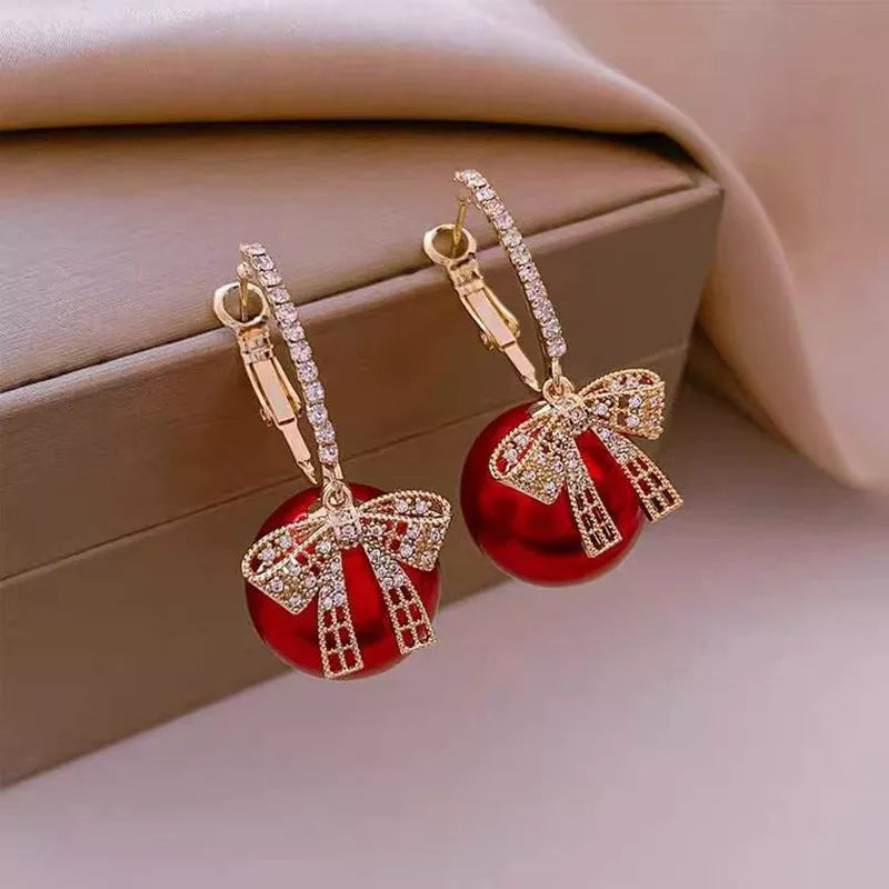 CHRISTMAS PEARL AND BOW EARRINGS-RED-State of Style