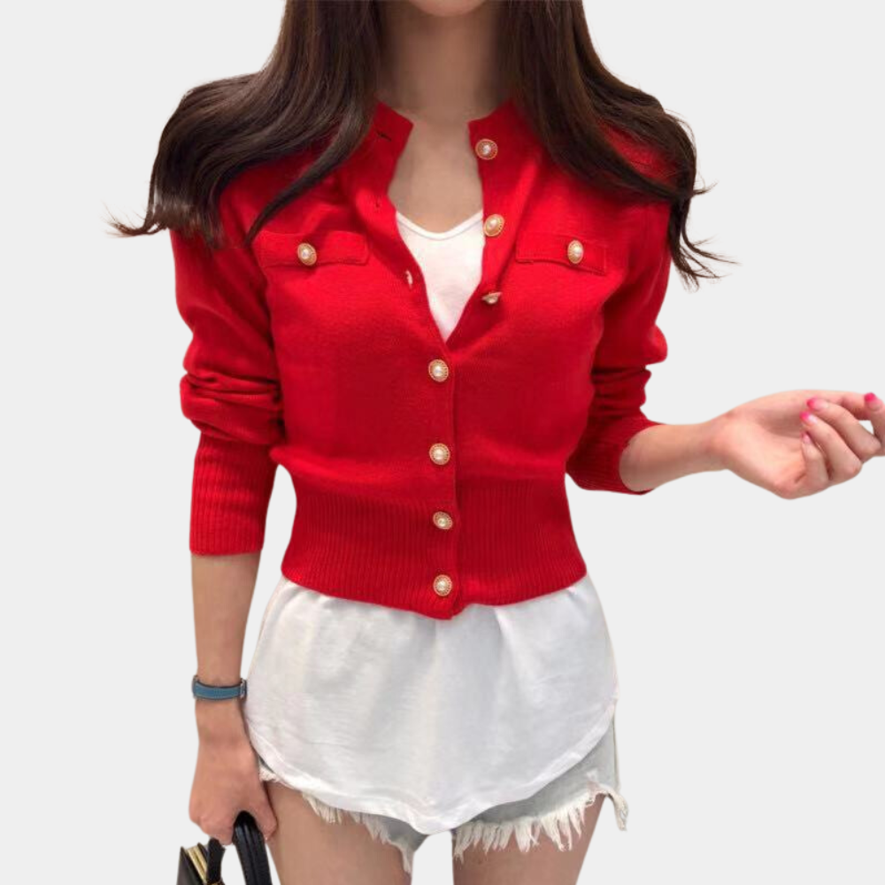 Classic Women's Knitted Cardigan with Button Closure - Eloise-Red-State of Style